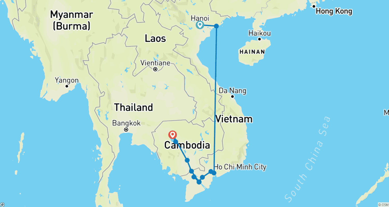 Mapa do percurso de Cruzeiro no Mekong: do Vietnã ao Camboja com Extensão a Angkor Wat