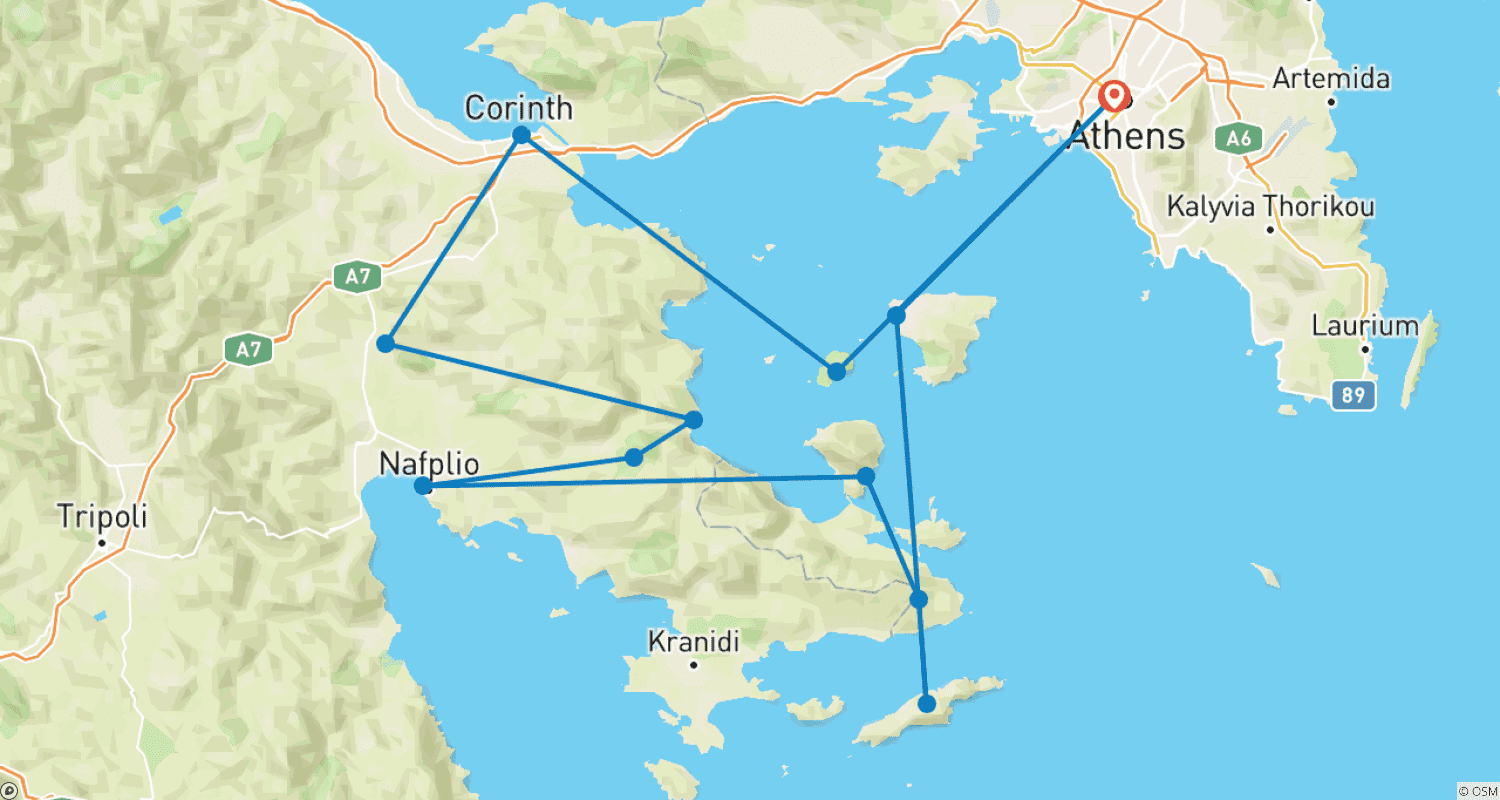 Mapa do percurso de Aventura de Vela e Arqueologia de Luxo 8 dias