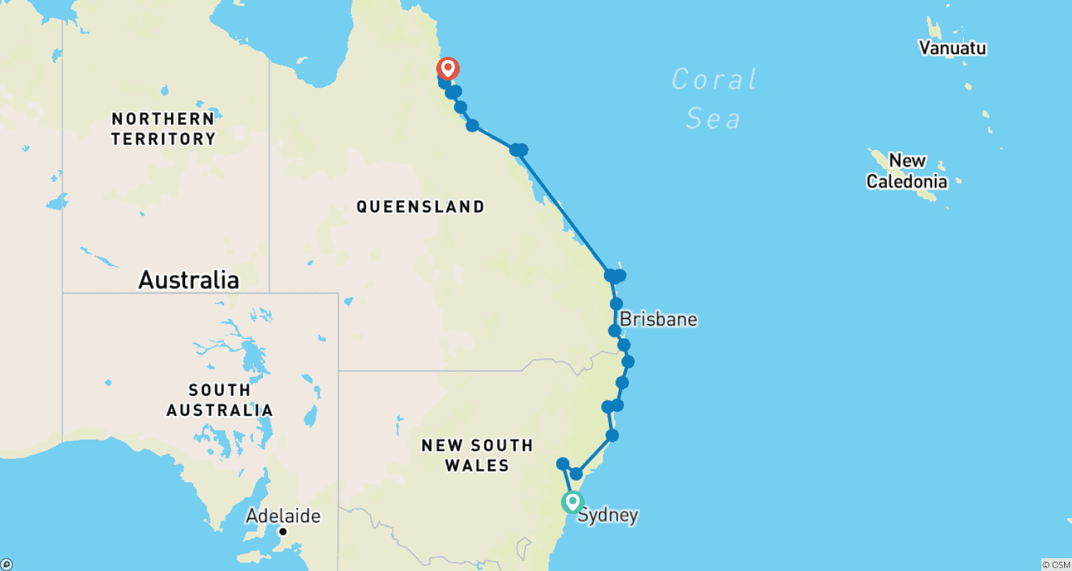 Mapa do percurso de Sydney to Cairns Adventure