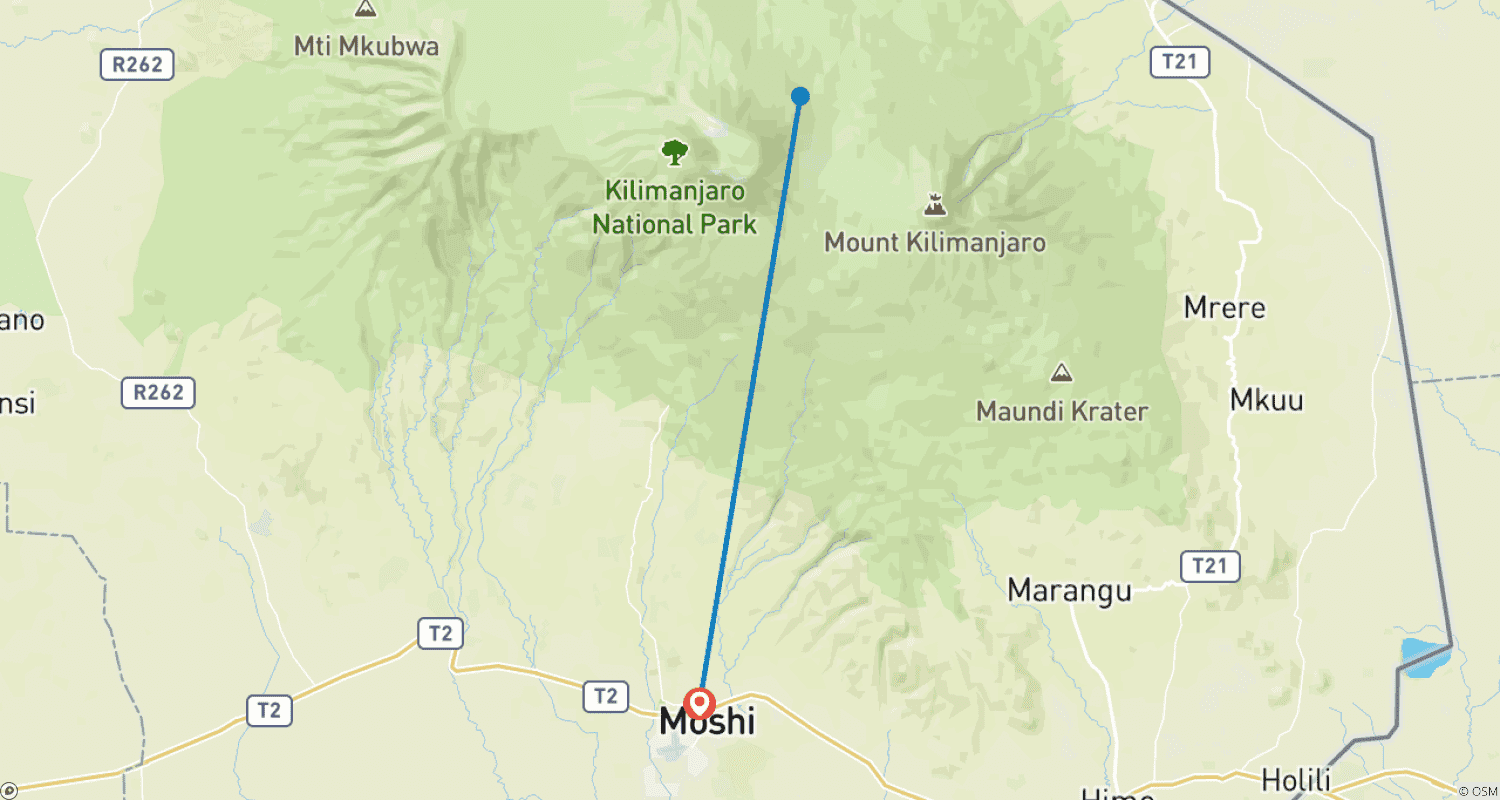 Mapa do percurso de 8 Dias - Escalada ao Monte Kilimanjaro - Rota Lemosho