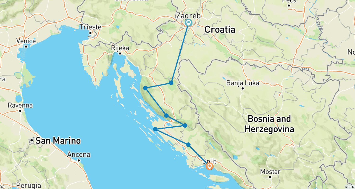 Mapa do percurso de Caminhada pela Costa e Cânions da Croácia