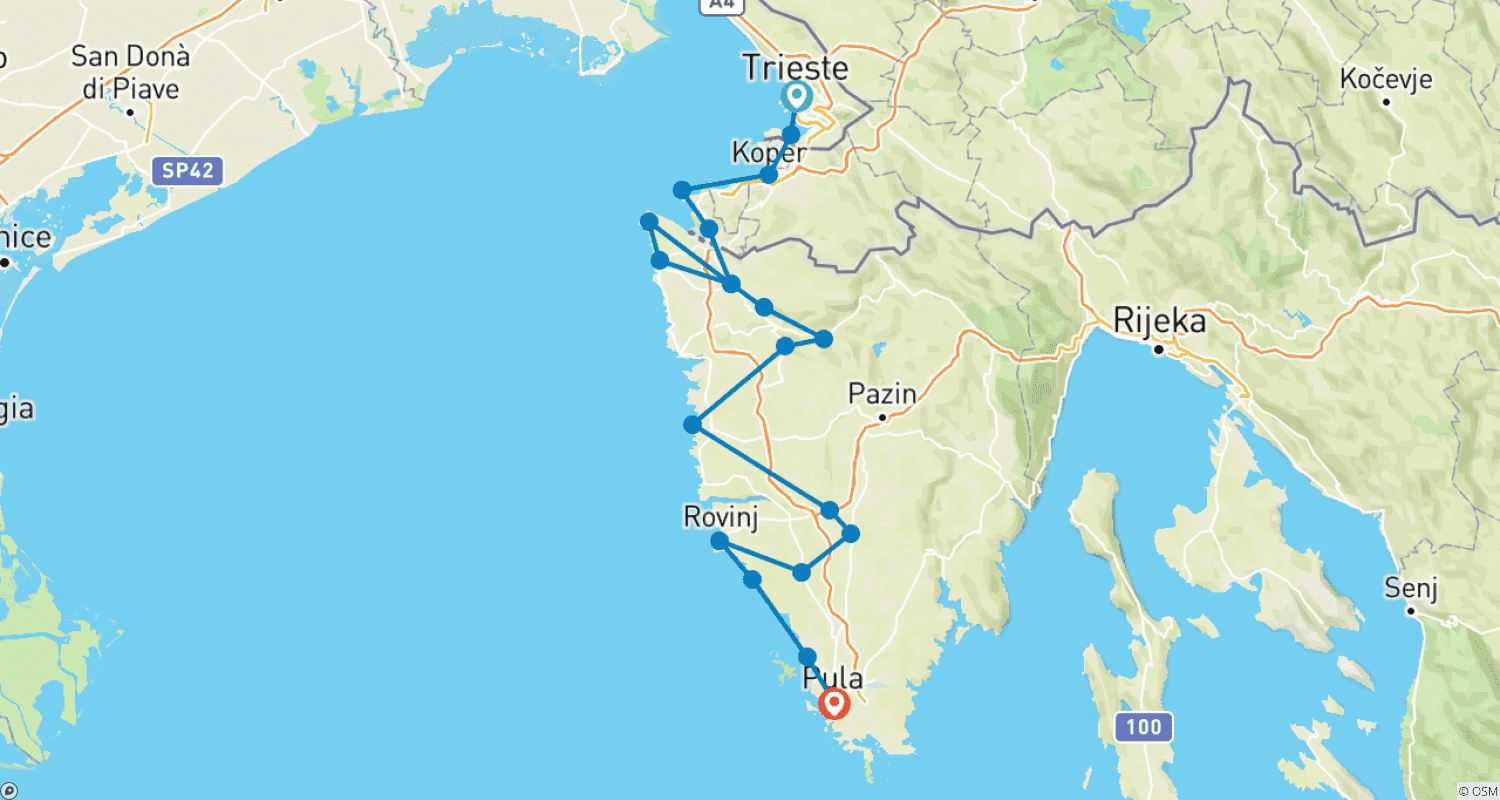Mapa do percurso de Pedalando de Trieste a Pula