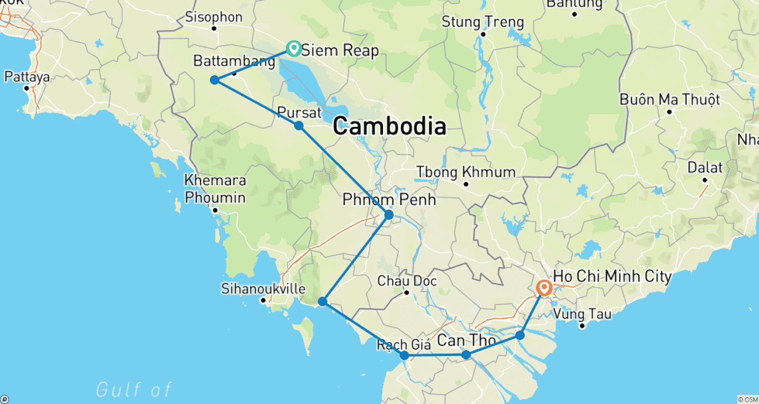 Mapa do percurso de Pedale de Siem Reap a Saigon - 16 Dias