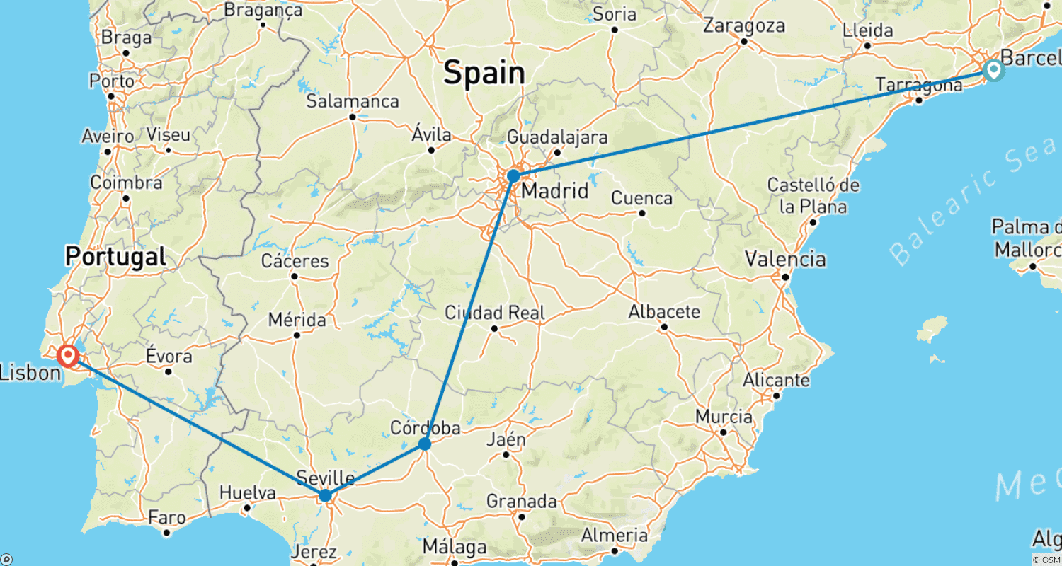 Mapa do percurso de Escapada por Espanha e Portugal