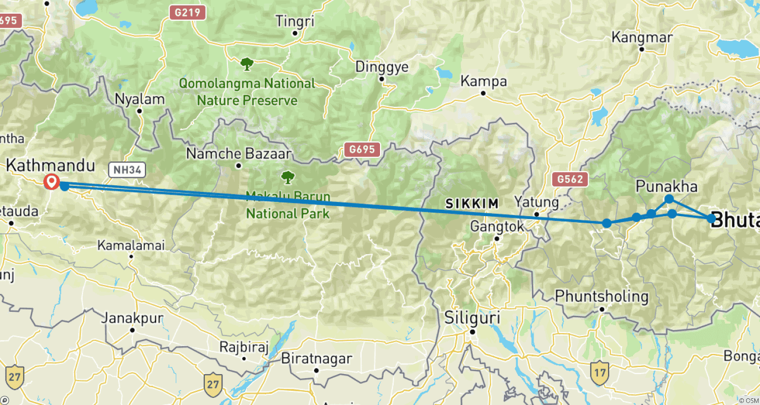 Mapa do percurso de Passeios Culturais no Nepal e Butão