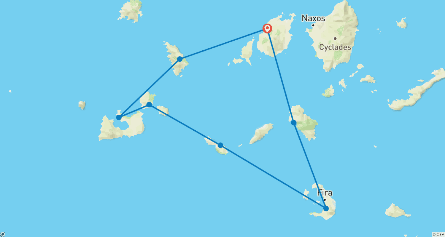 Mapa do percurso de Semana de Vela nas Cíclades Ocidentais e Santorini