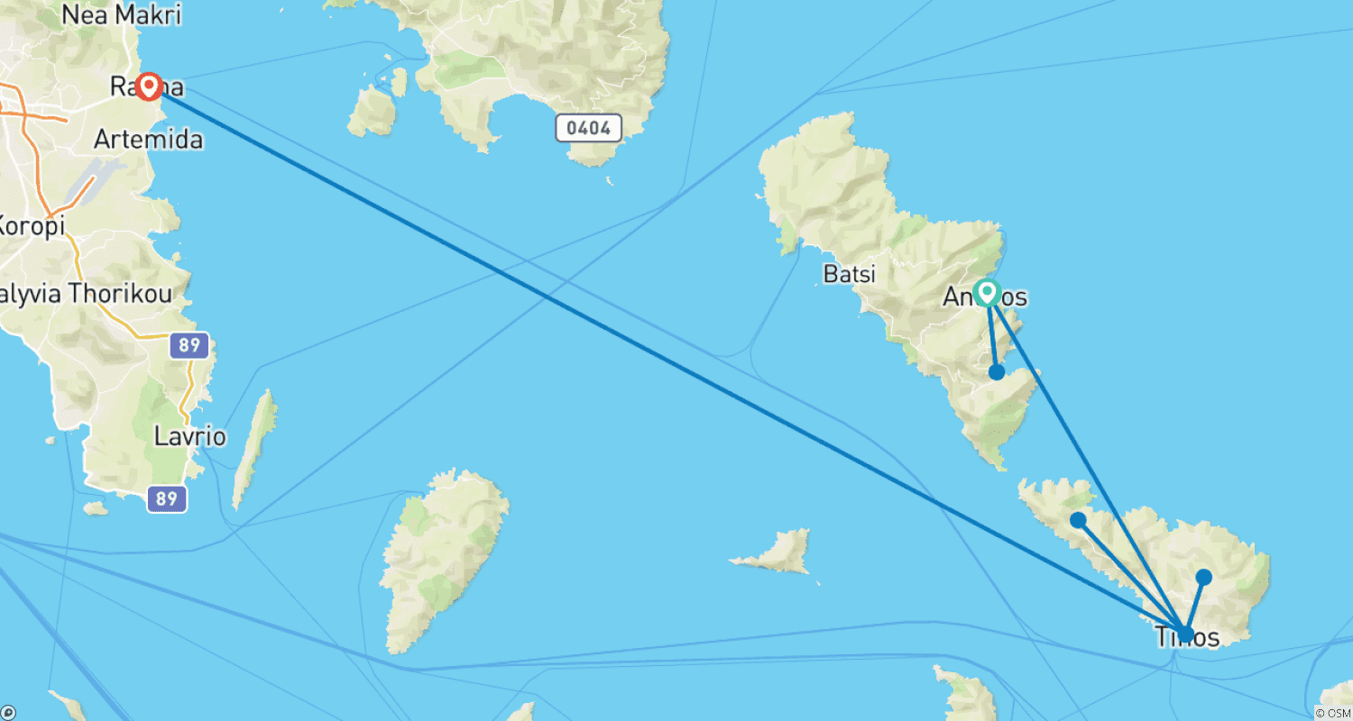 Mapa do percurso de Férias de Caminhada em Andros & Tinos, Cíclades, Grécia