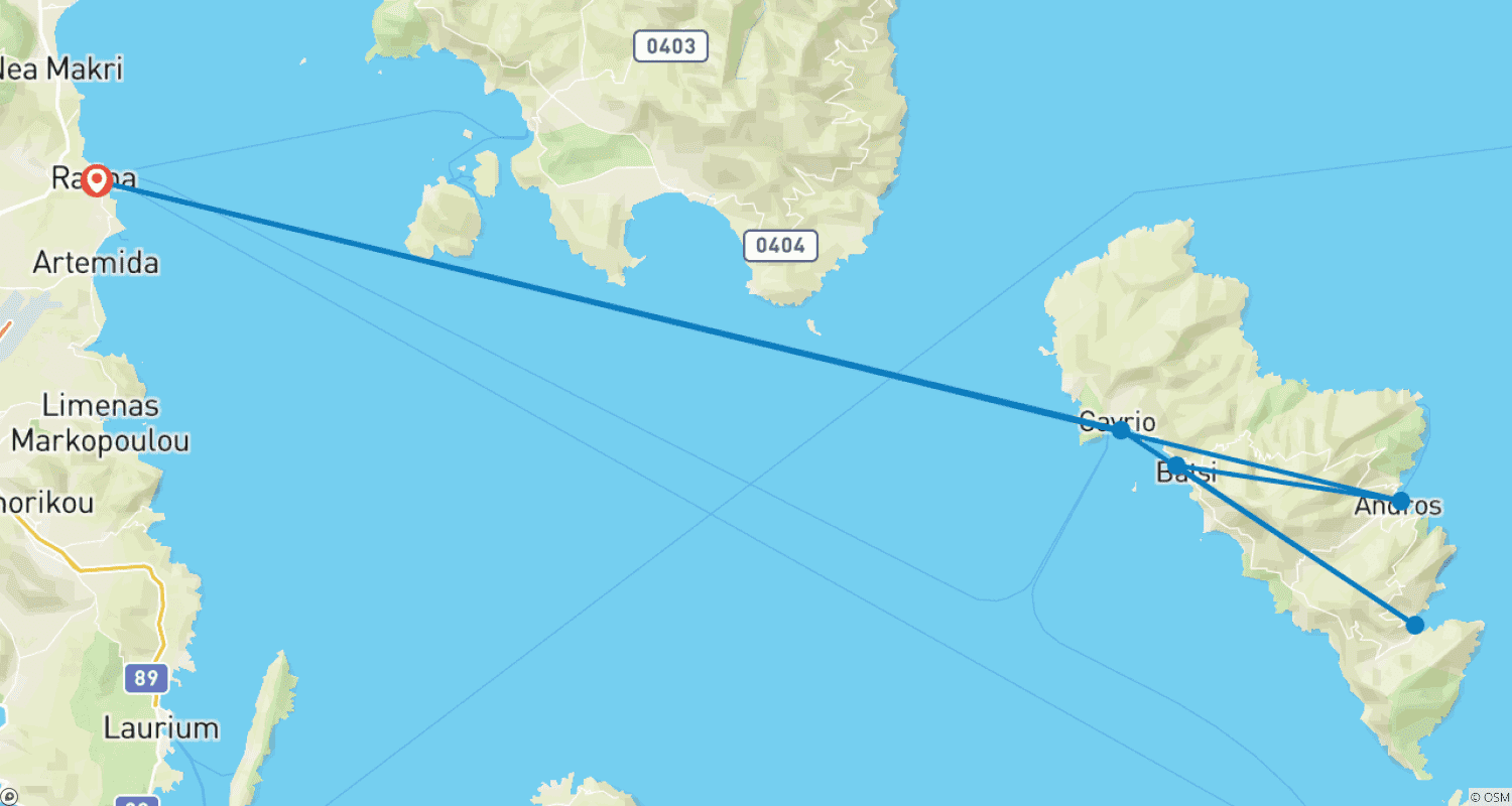 Mapa do percurso de Férias de Caminhada em Andros, Cíclades