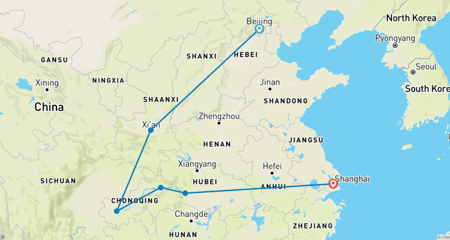 11日間 中国「ゴールデン・トライアングル」周遊：ラグジュアリー小人数グループ＆5つ星クルーズのルートマップ