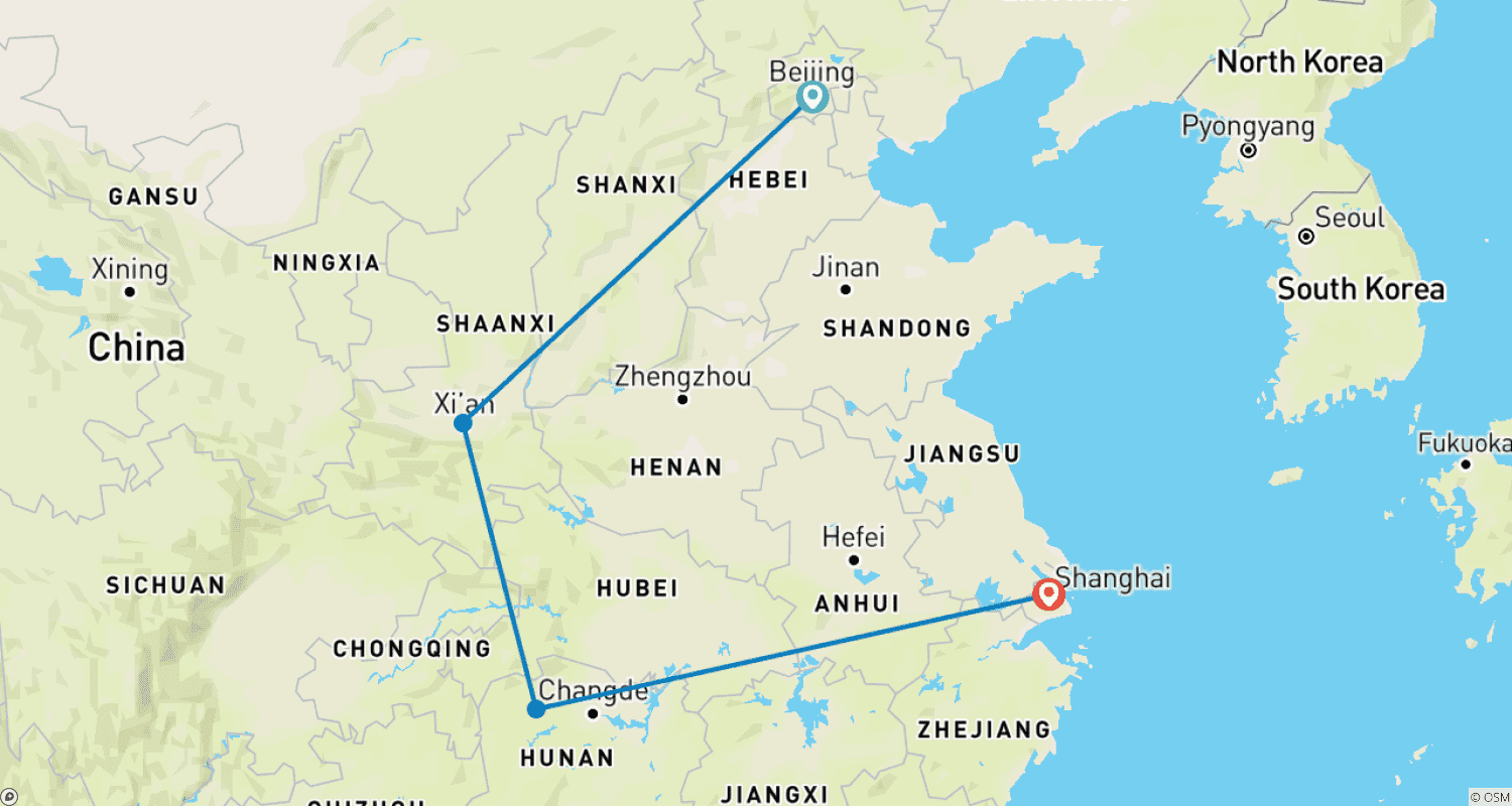 Mapa trasy: 11-dniowa najlepsza wycieczka po Chinach Zhangjiajie: luksusowa mała grupa & wysokiej jakości hotele