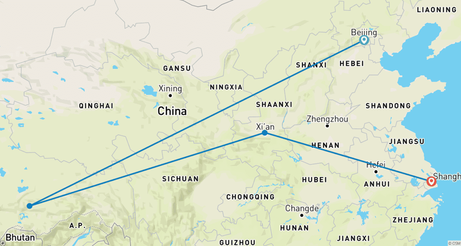 Mapa do percurso de Excursão Personalizada de 11 Dias pela China e Tibete, Totalmente Guiada (Guia e Motorista Privados)