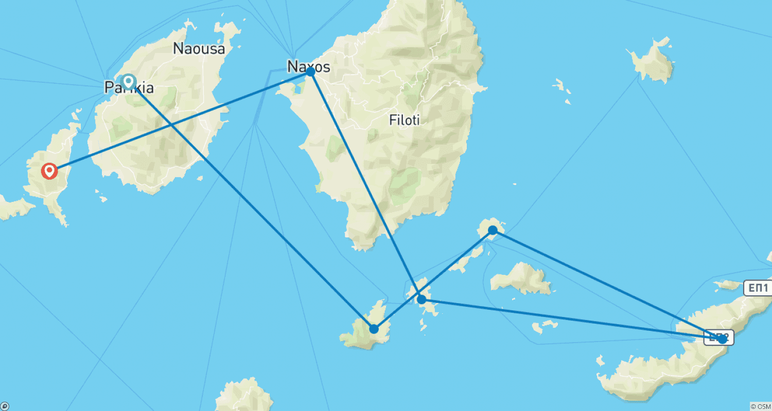 Mapa do percurso de Aventura de Vela nas Cíclades