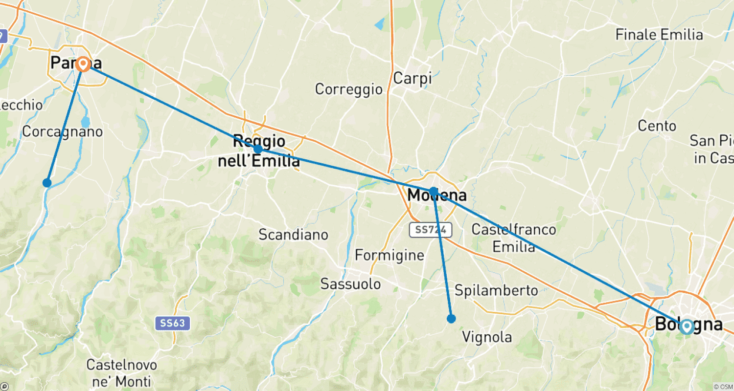 Mapa do percurso de Sabor da Itália, Ciclismo Culinário na Emilia-Romagna - Clássico Autoguiado 8 dias