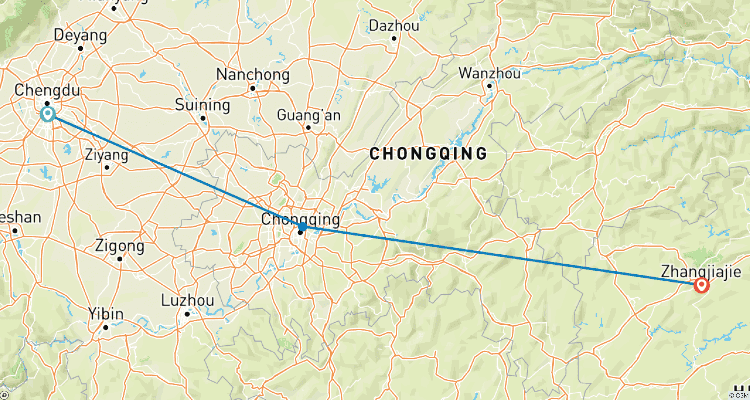 Mapa do percurso de Excursão Personalizada de 8 Dias pela China com Chengdu, Chongqing e Zhangjiajie, Partida Diária (Privada)
