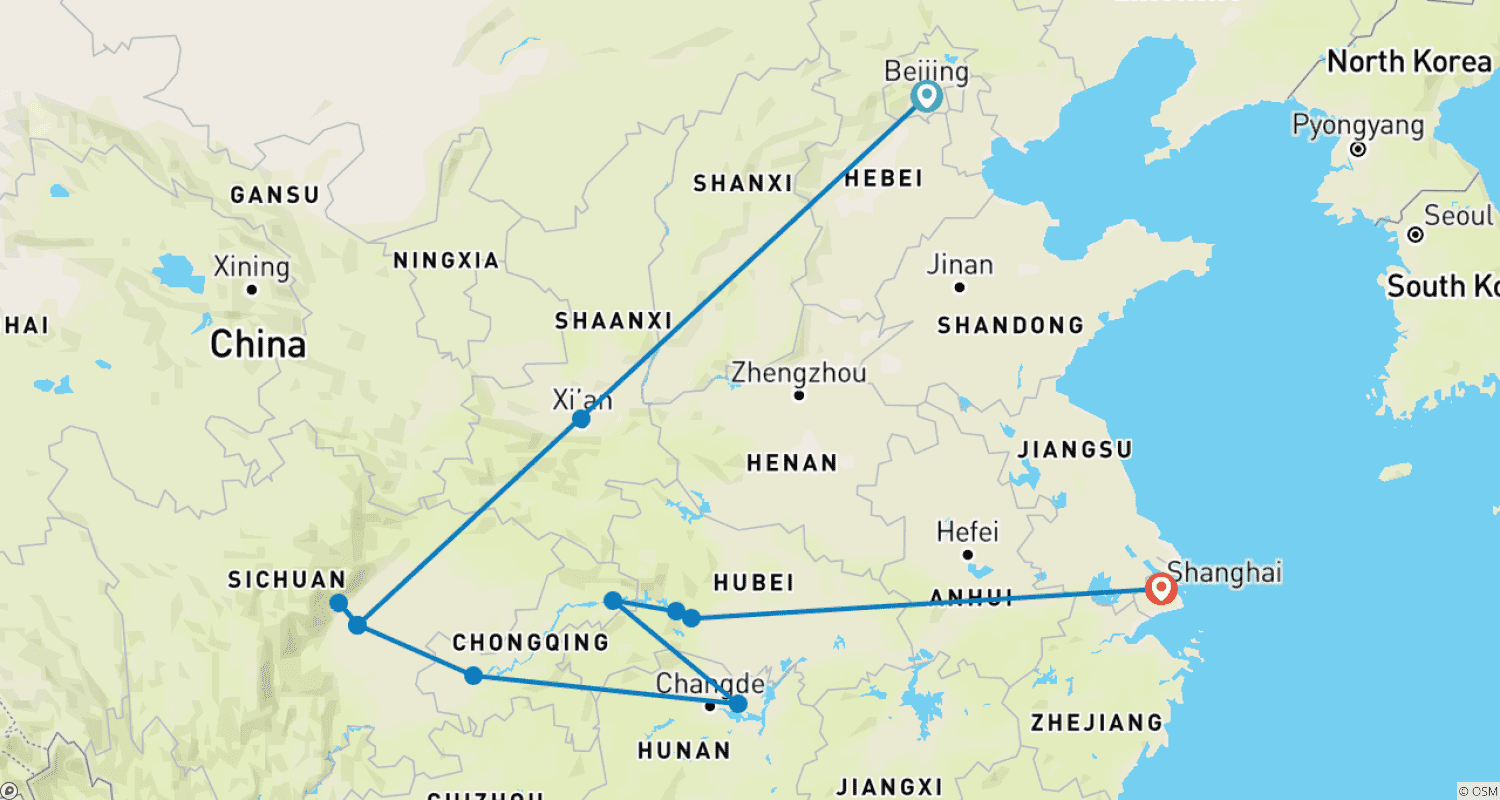 パンダと巡る14日間の中国家族旅行：プライベートガイド＆ドライバー付きオーダーメイドツアーのルートマップ