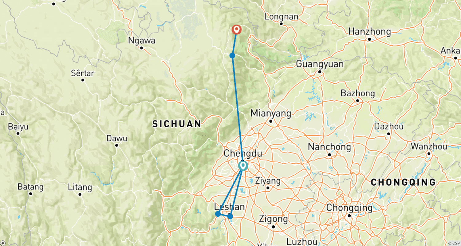 Mapa do percurso de Excursão Personalizada de 6 Dias em Chengdu com Jiuzhaigou e Pandas, Partida Diária (Privada)