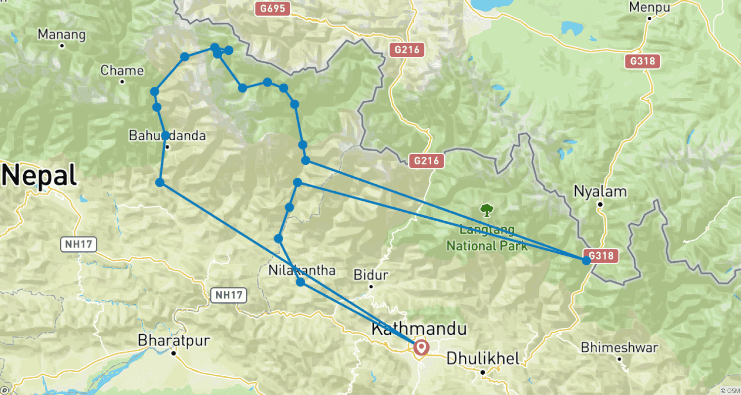 Mapa do percurso de Caminhada de 14 Dias: Circuito Manaslu e Larke Pass