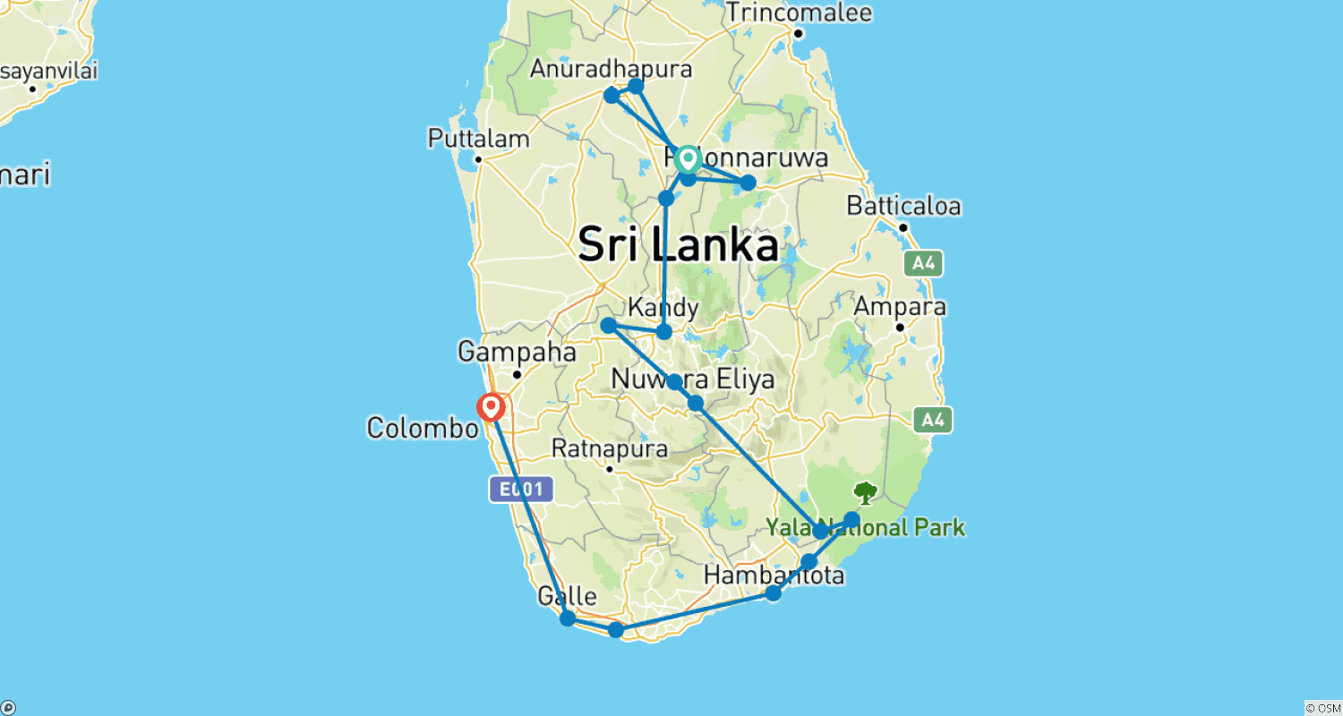 Mapa do percurso de Tour Clássico pelo Sri Lanka (8 Dias)