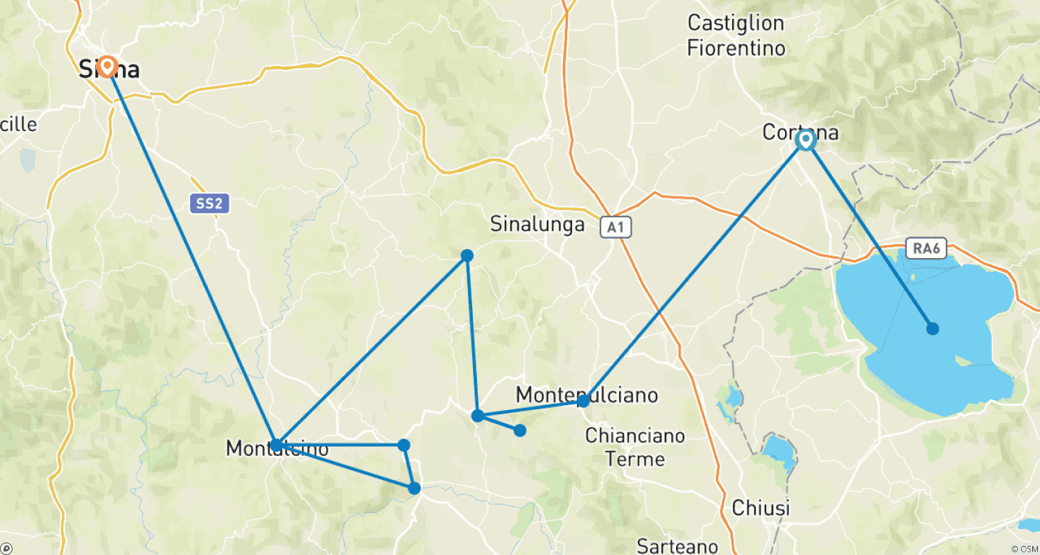 Mapa trasy: Pocztówka z Południowej Toskanii - Rowerem po Cortonie, Montalcino, Sienie - Klasyczna Wycieczka Samodzielna