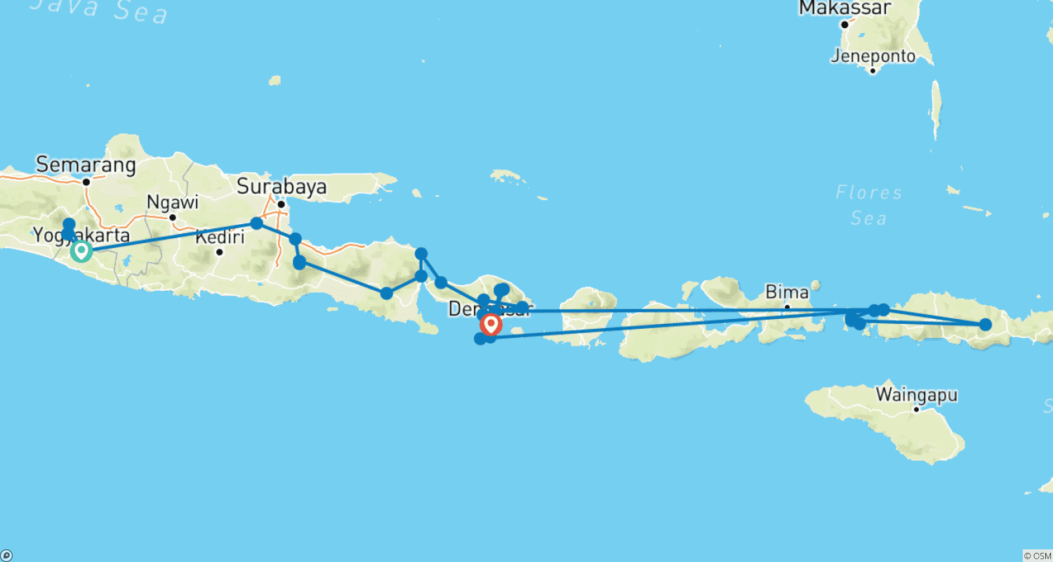 Mapa do percurso de Maravilhas Naturais do Mundo: Java, Bali, Flores e Komodo, Tour Privado