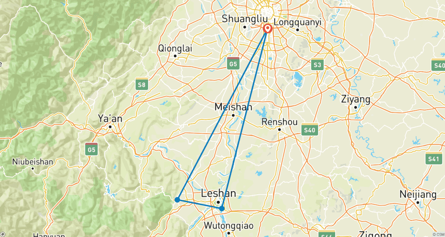 Mapa trasy: Indywidualne 5-dniowe wakacje w Chengdu z pandami i Górą Emei (prywatne)