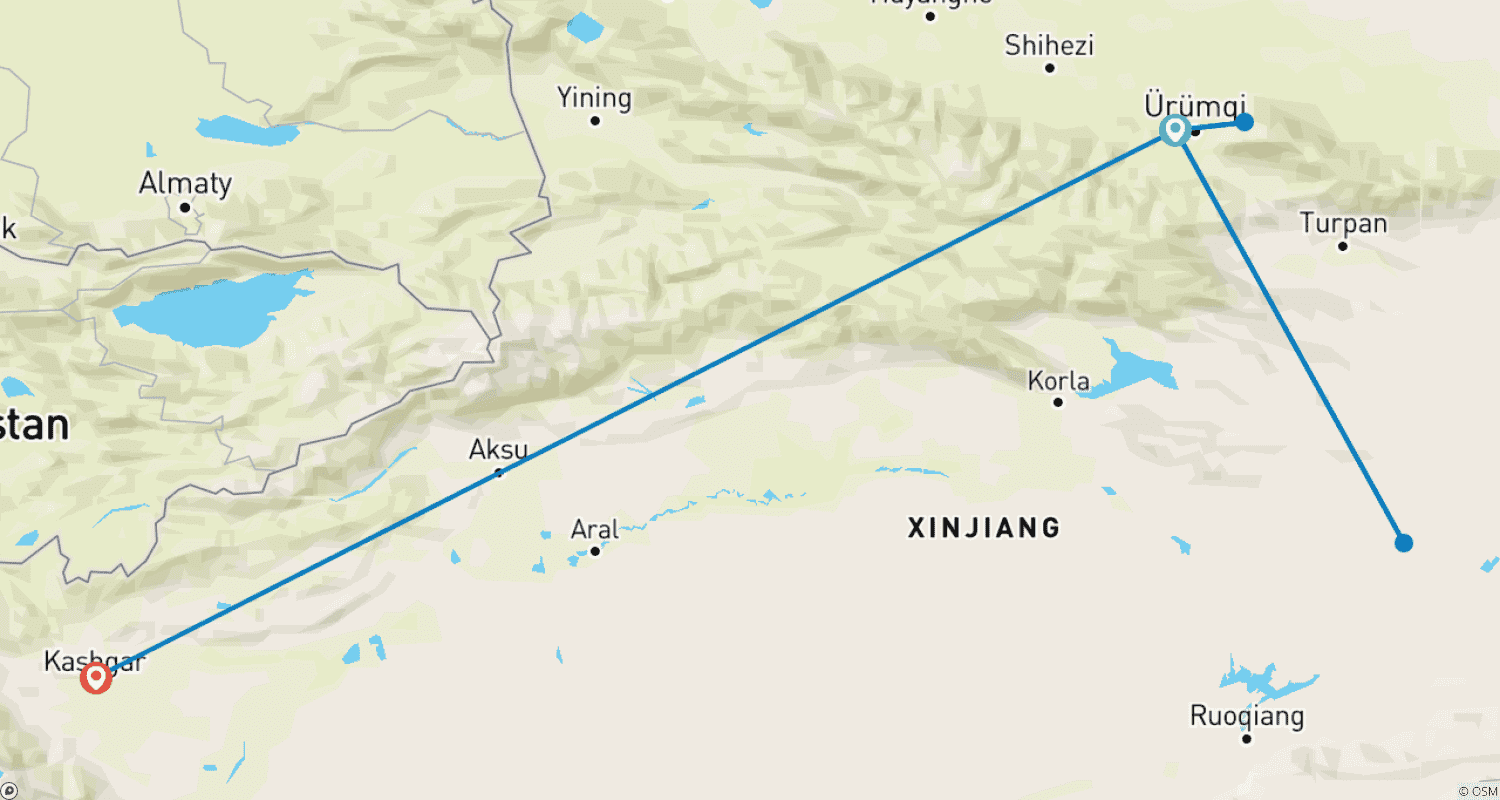 Mapa trasy: Szyta na miarę 7-dniowa prywatna wycieczka po chińskiej Pustyni Gobi w Xinjiang, codzienny start i wszystko w cenie