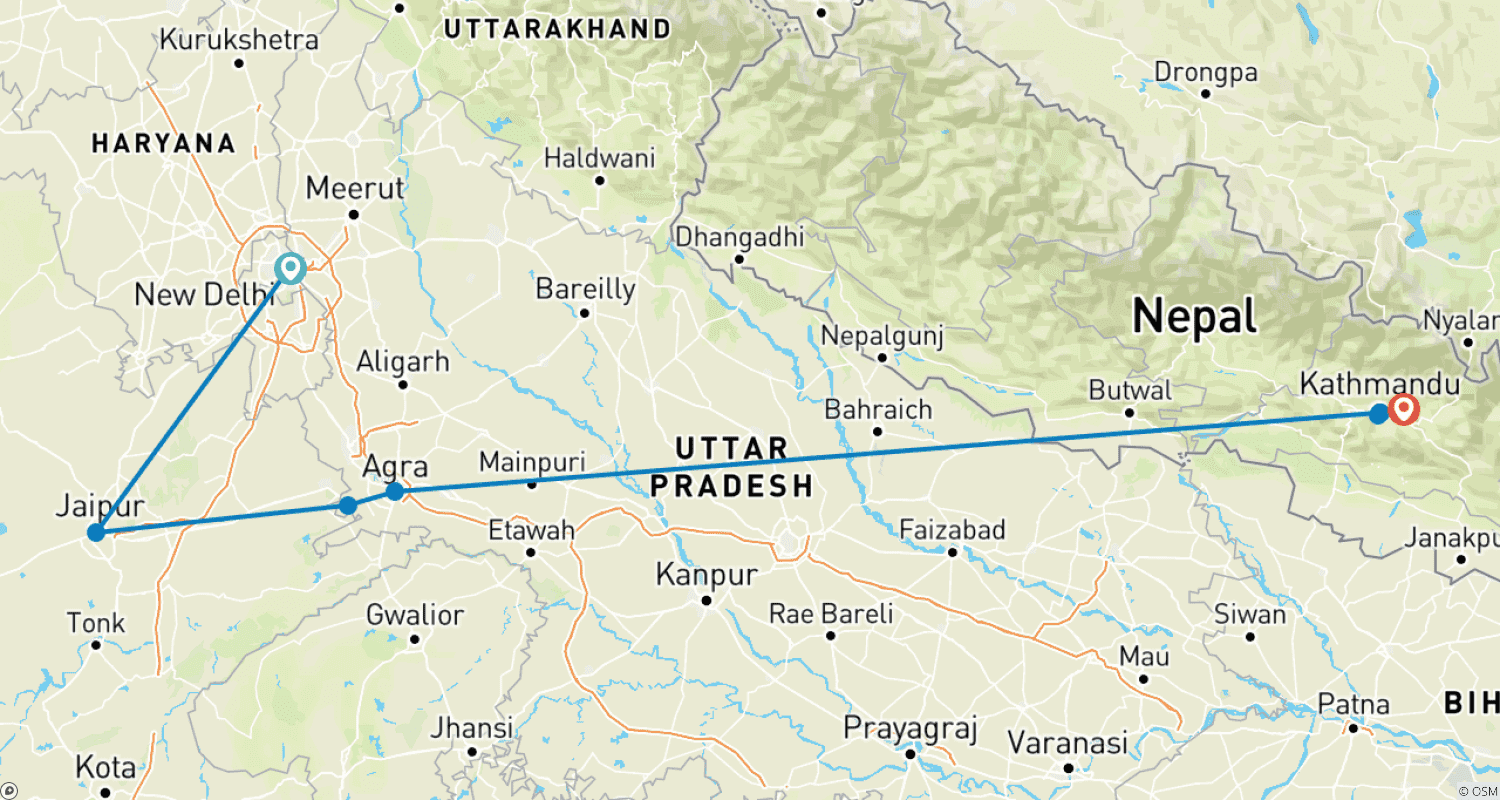 Mapa trasy: Indyjska wycieczka Złoty Trójkąt z Nepalem