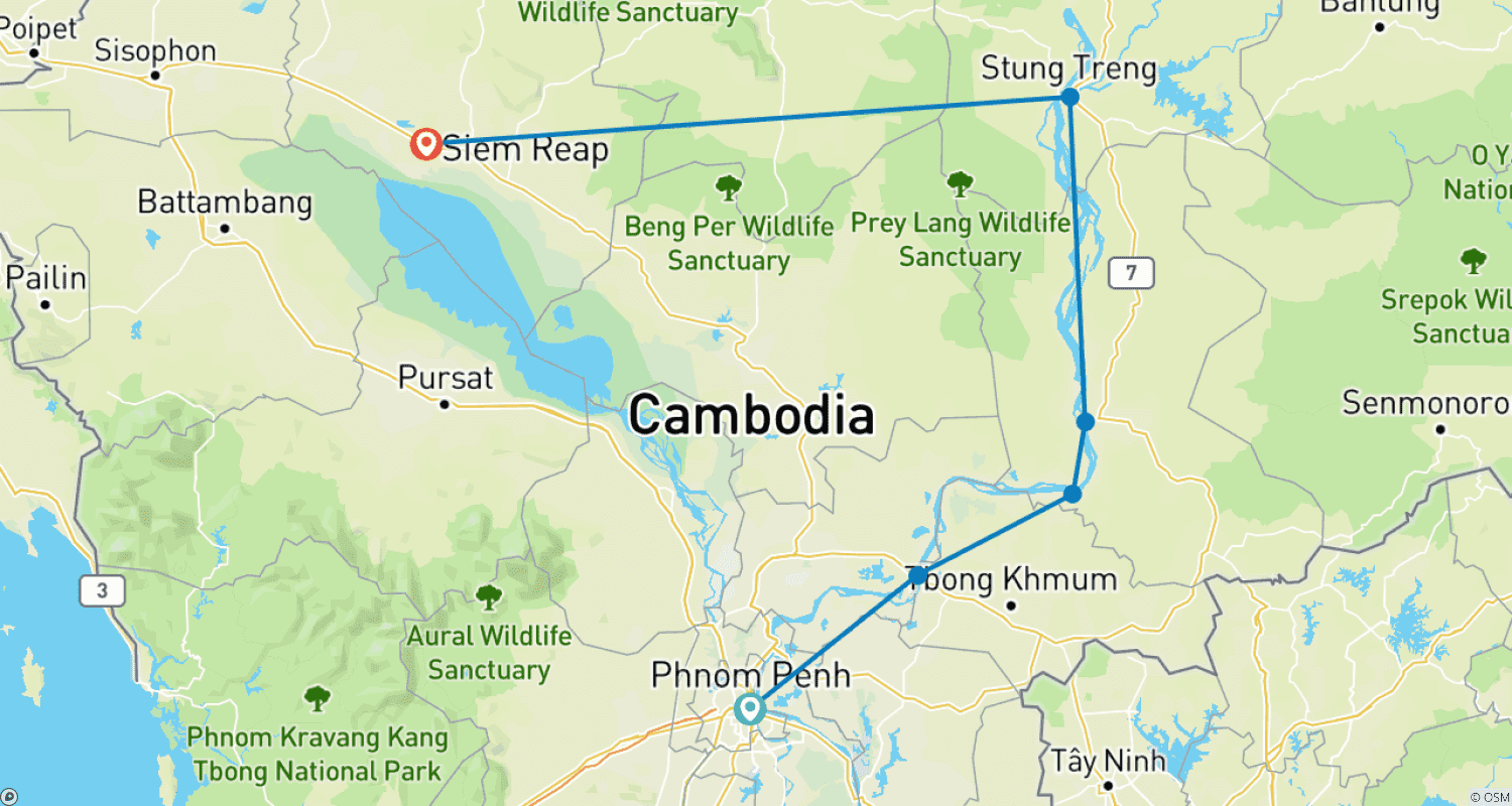 Mapa do percurso de Expedição no Camboja: Bicicleta, Caminhada, Caiaque