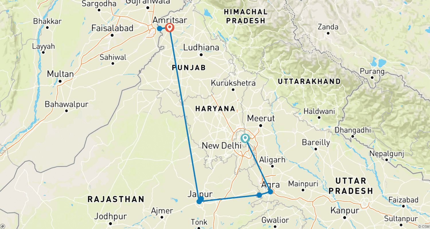 Mapa do percurso de Triângulo Dourado com Amritsar
