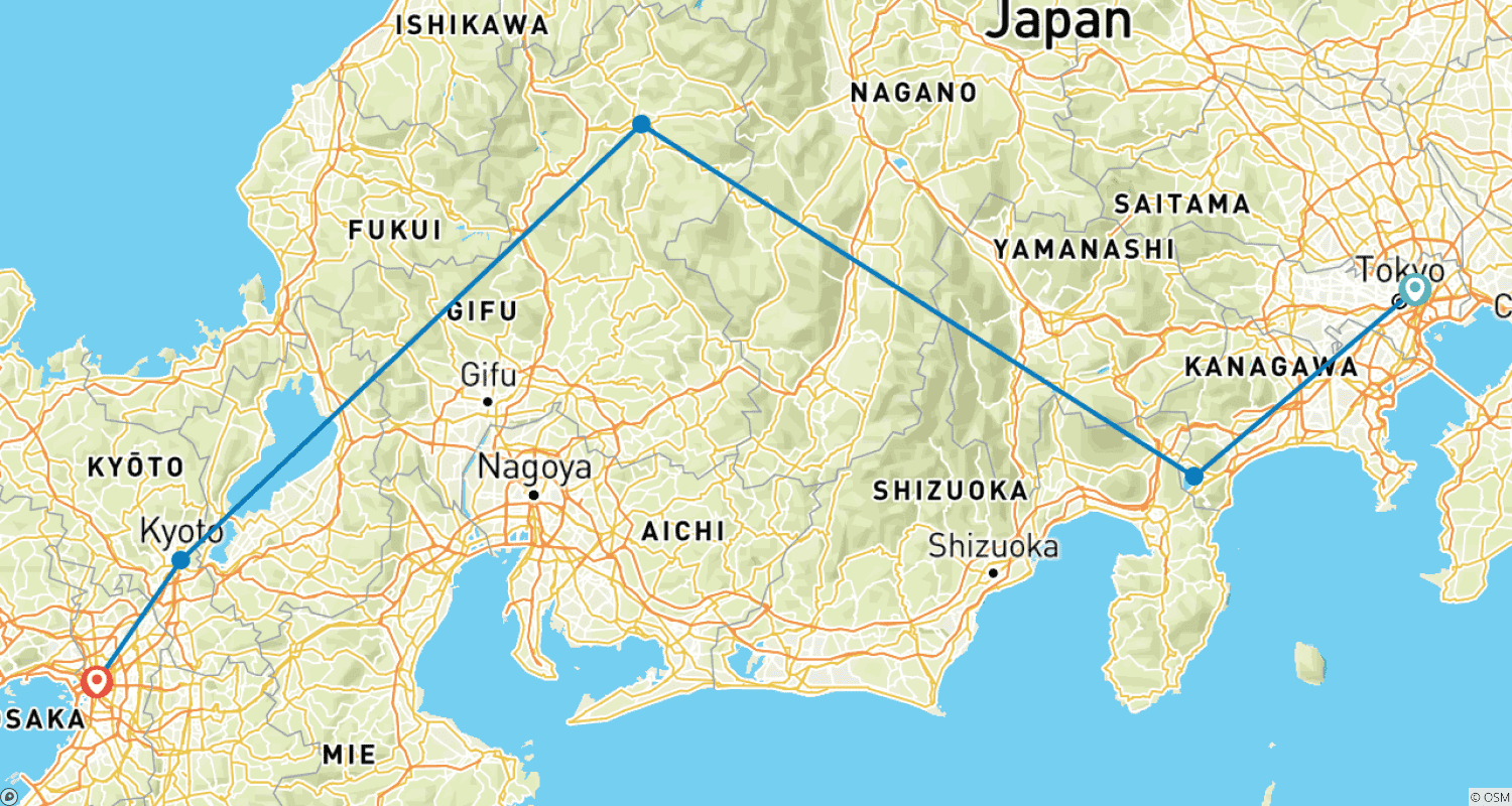 Mapa do percurso de Japão Clássico 10 Dias - One Life Adventures