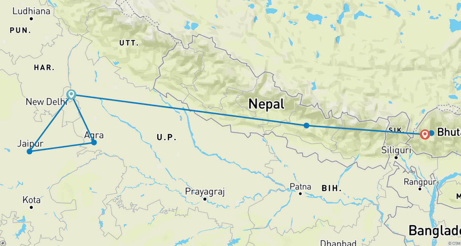 Mapa trasy: Najważniejsze atrakcje Indii, Nepalu i Bhutanu