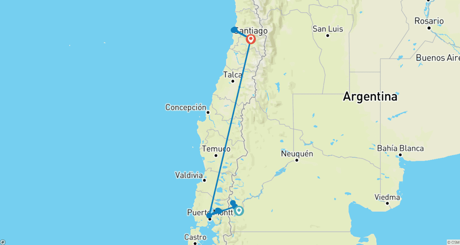 Mapa trasy: Argentyna i Chile: Przeprawa przez jeziora z Bariloche do Santiago - 10 dni