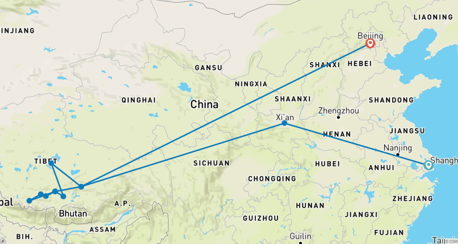 Mapa do percurso de Tour Privado de 15 Dias pela China e Tibete, Partidas Diárias e Guia e Motorista Privados