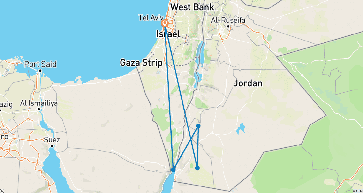 Mapa do percurso de Petra e Wadi Rum 3 dias de Tel Aviv Privado