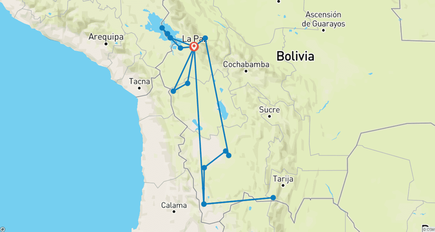 Mapa trasy: 12 Dni: Od Andyjskiej Wspaniałości do Salar de Uyuni – Podróż przez Boliwię