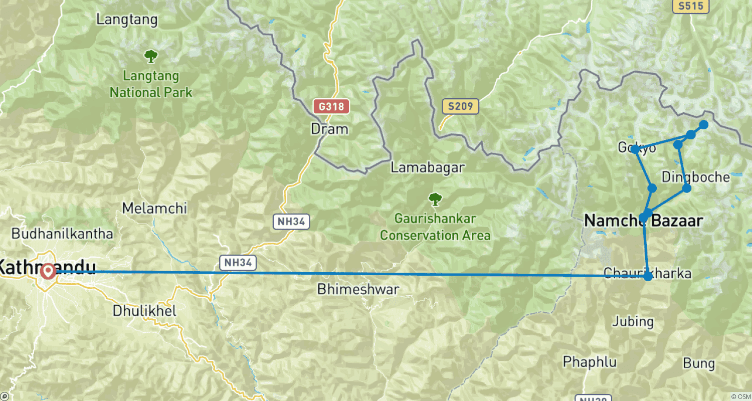 Mapa do percurso de Caminhada ao Acampamento Base do Everest com o Lago Gokyo