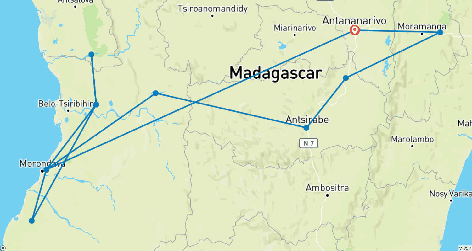 Mapa do percurso de Tour Autêntico por Madagáscar