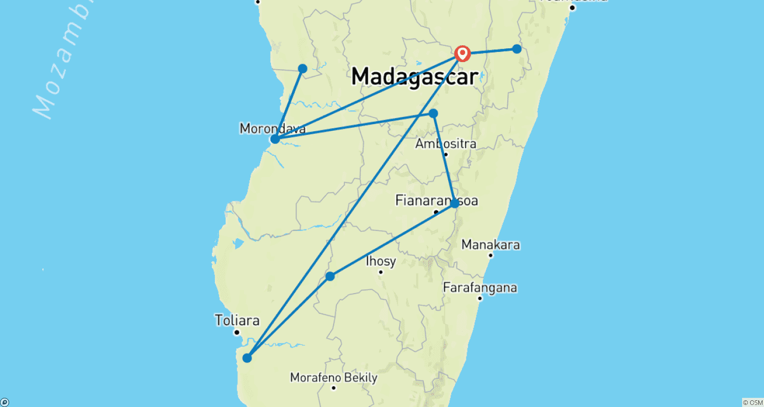 Mapa do percurso de Grande tour por Madagáscar