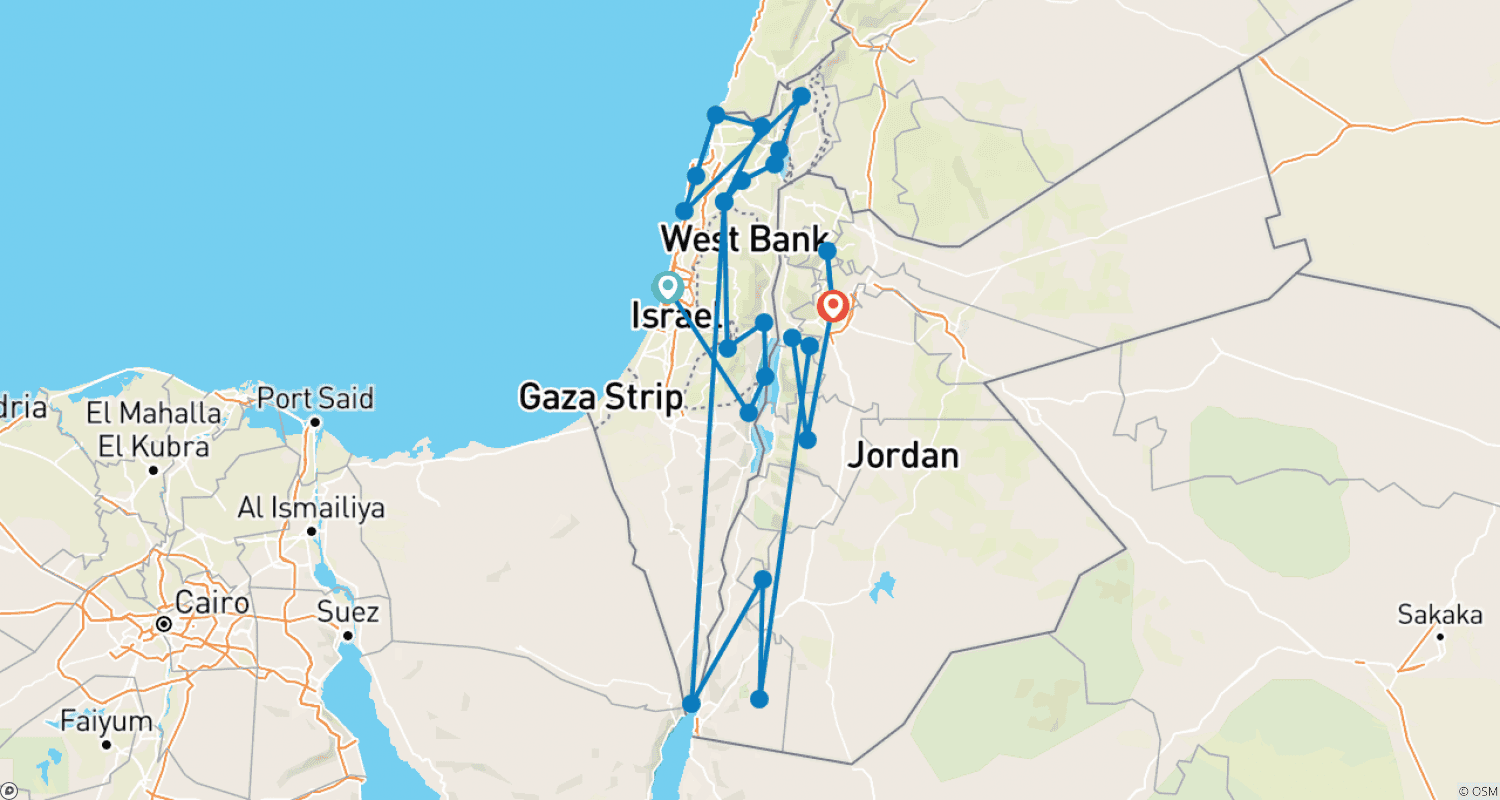 Mapa do percurso de Israel e Jordânia em 15 dias