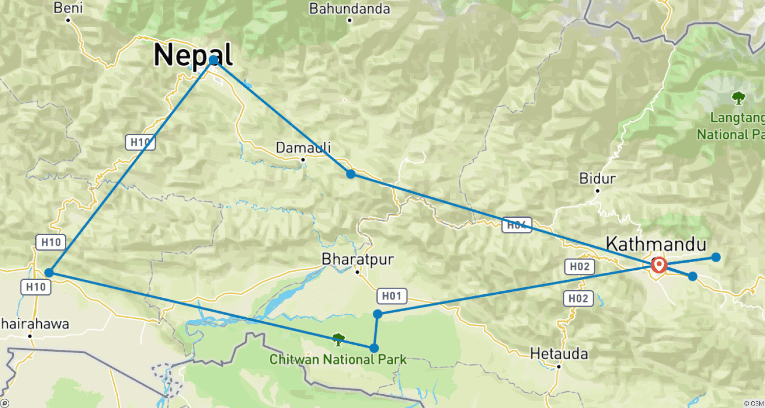 Mapa do percurso de Tour pela Herança do Nepal