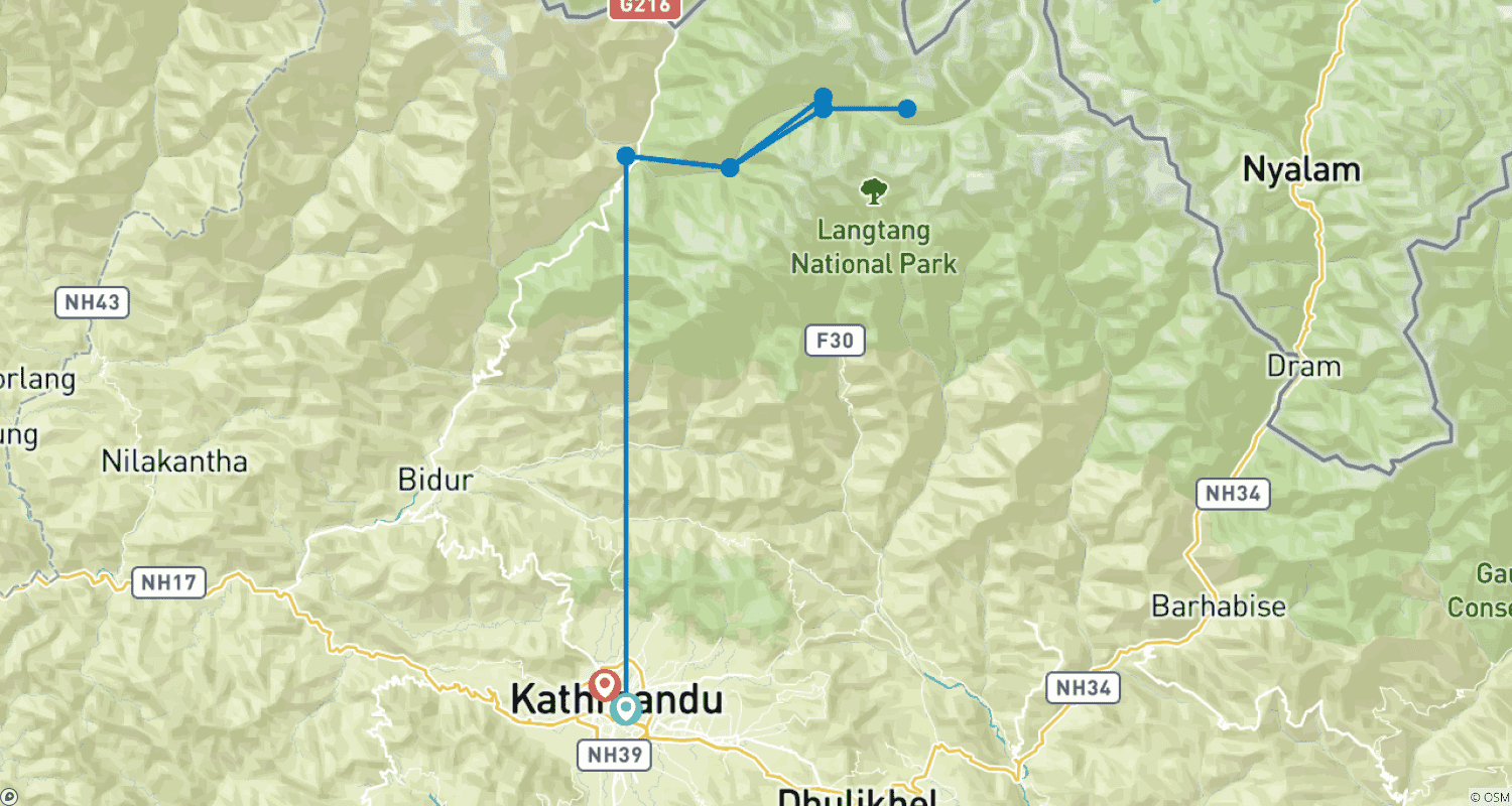 Mapa do percurso de Caminhada pelo Vale de Langtang