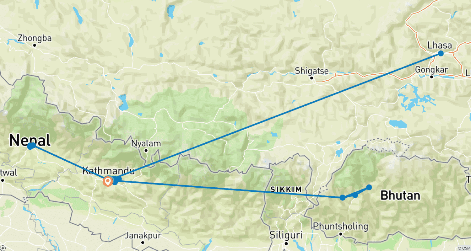 Mapa do percurso de Viagem Cultural ao Reino Himalaio: Nepal, Tibete e Butão