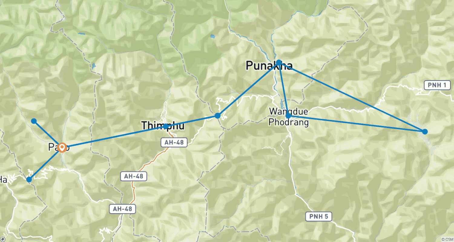Mapa trasy: Piesze wycieczki w Bhutanie