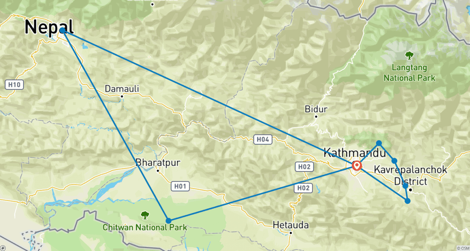 خريطة مسار Nepal Trekking holiday combined Rafting- Chitwan Safari and Pokhara Tour