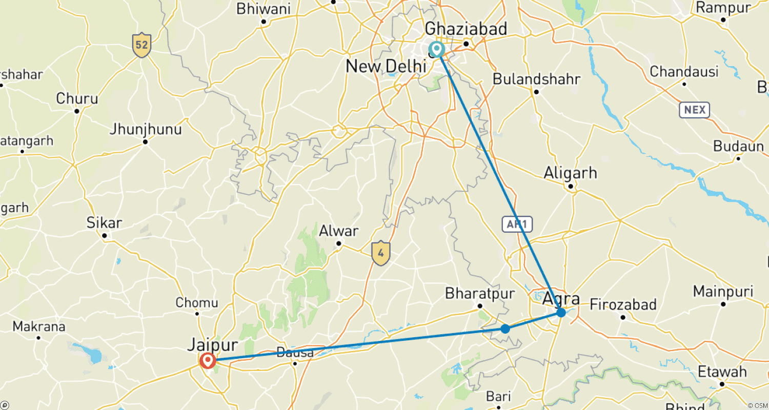 Mapa trasy: Prywatna Luksusowa Wycieczka Złotego Trójkąta z Bengaluru z Przelotami – Tadż Mahal o Wschodzie i Zachodzie Słońca, Pałace Delhi, Agry i Dźajpuru