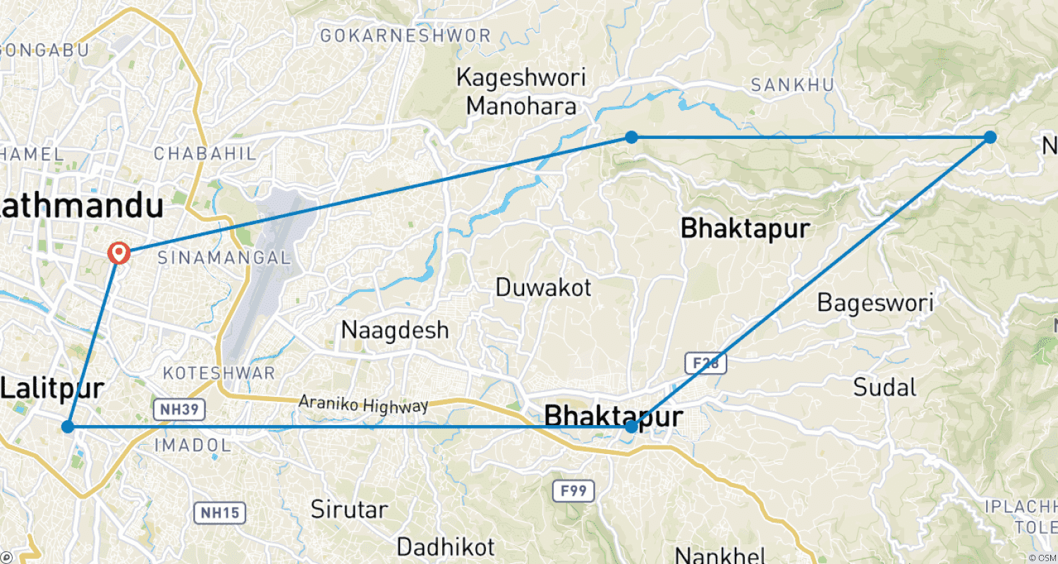 Mapa do percurso de Retiro de Yoga no Nepal