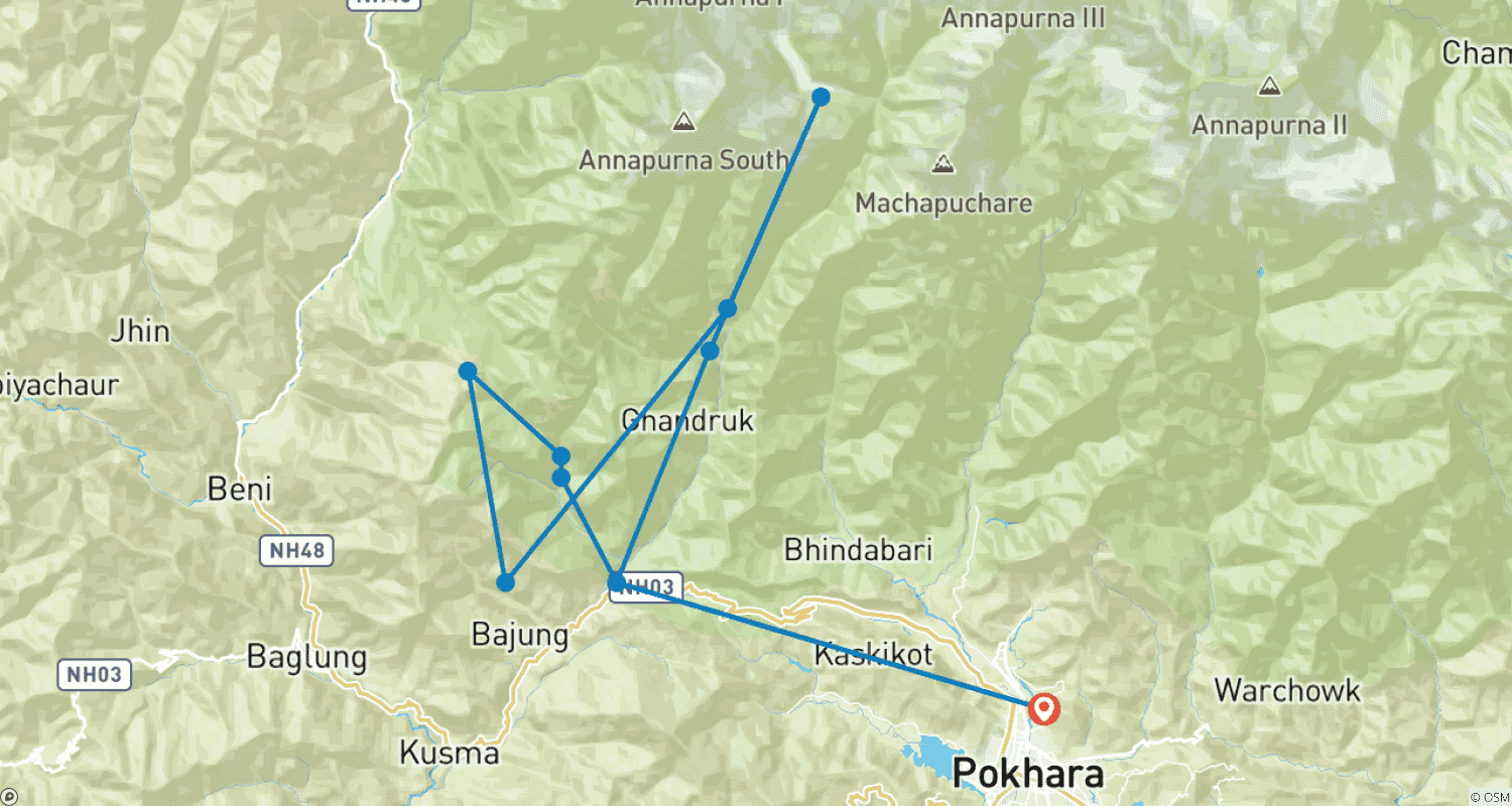 Mapa do percurso de Caminhada ao Acampamento Base de Annapurna