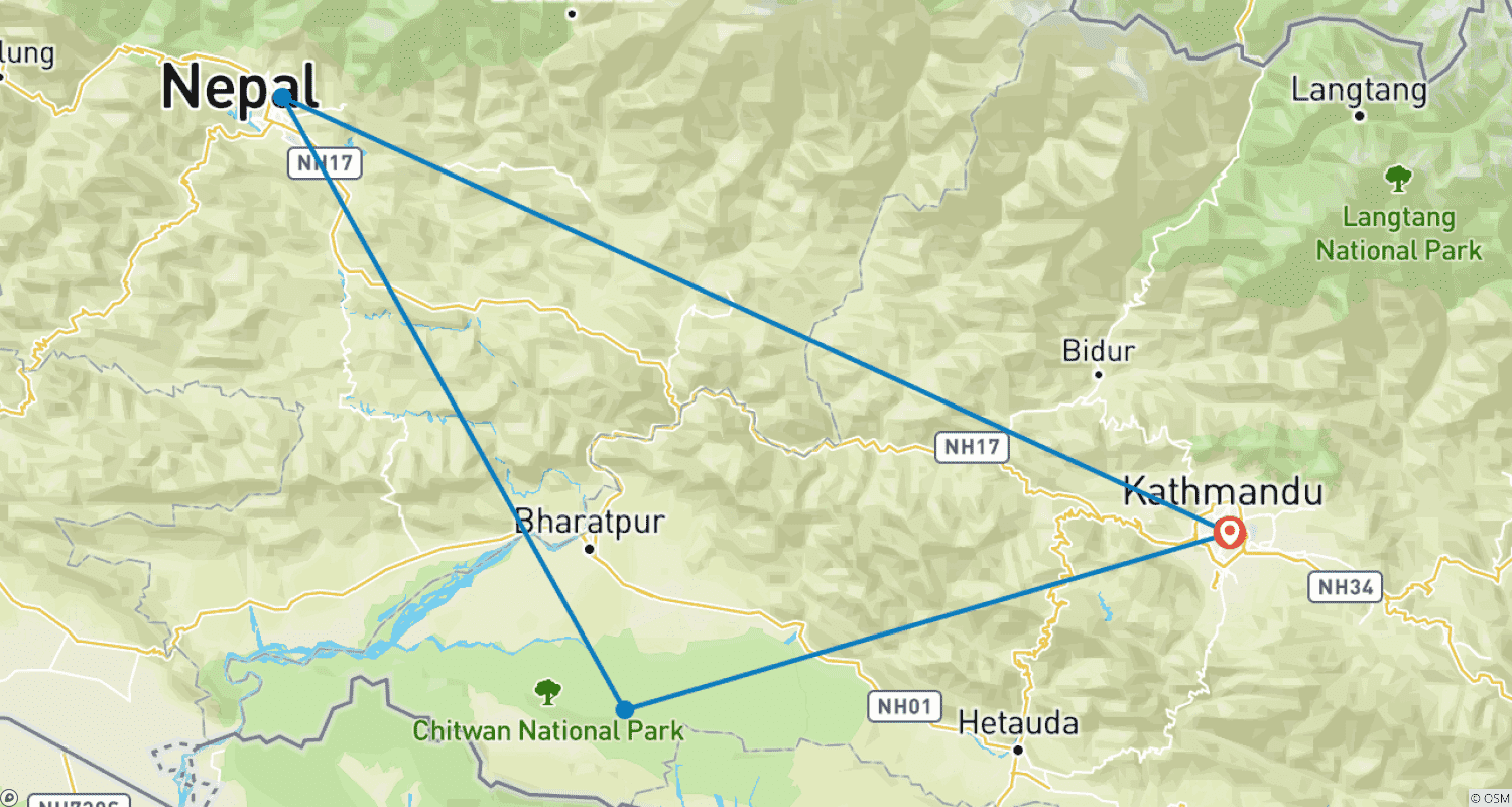 Route map for Nepal Golden Triangle: Discovery Nepal