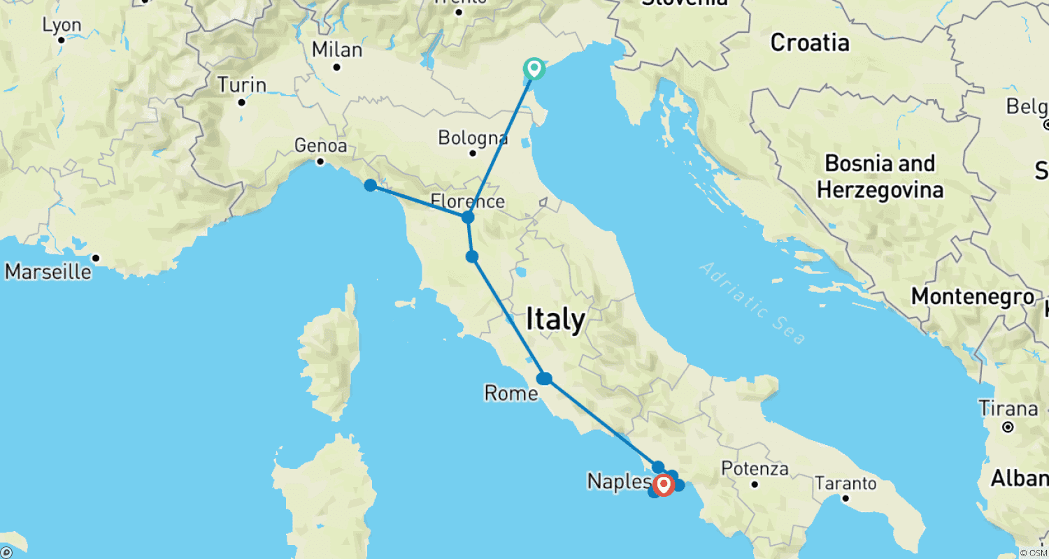 Mapa do percurso de Tesouros Italianos: Veneza, Florença, Roma, Cruzeiro em Sorrento de Comboio