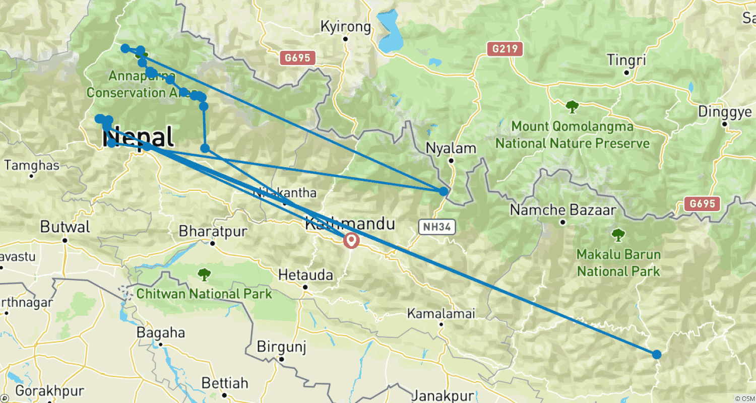 Mapa do percurso de Caminhada do Circuito Annapurna 15 Dias